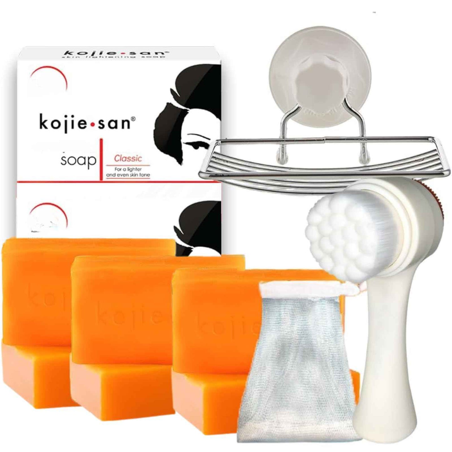 Kojie San Face & Body Skin Brightening Shower 9pc Set - the Original Kojic Acid Soap that Helps Reduce Dark Spots 6 x 135g Bars, Soap Dish and Facial Cleansing Brush…
