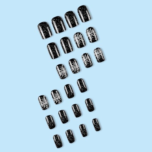 Christmas Black Press on Nails Short Square Fake Nails with White Snowflake Starry Night Designs Glossy Coffin False Nails Cute Glue on Nails Holiday Artificial Stick on Nails for Women Girls 24Pcs
