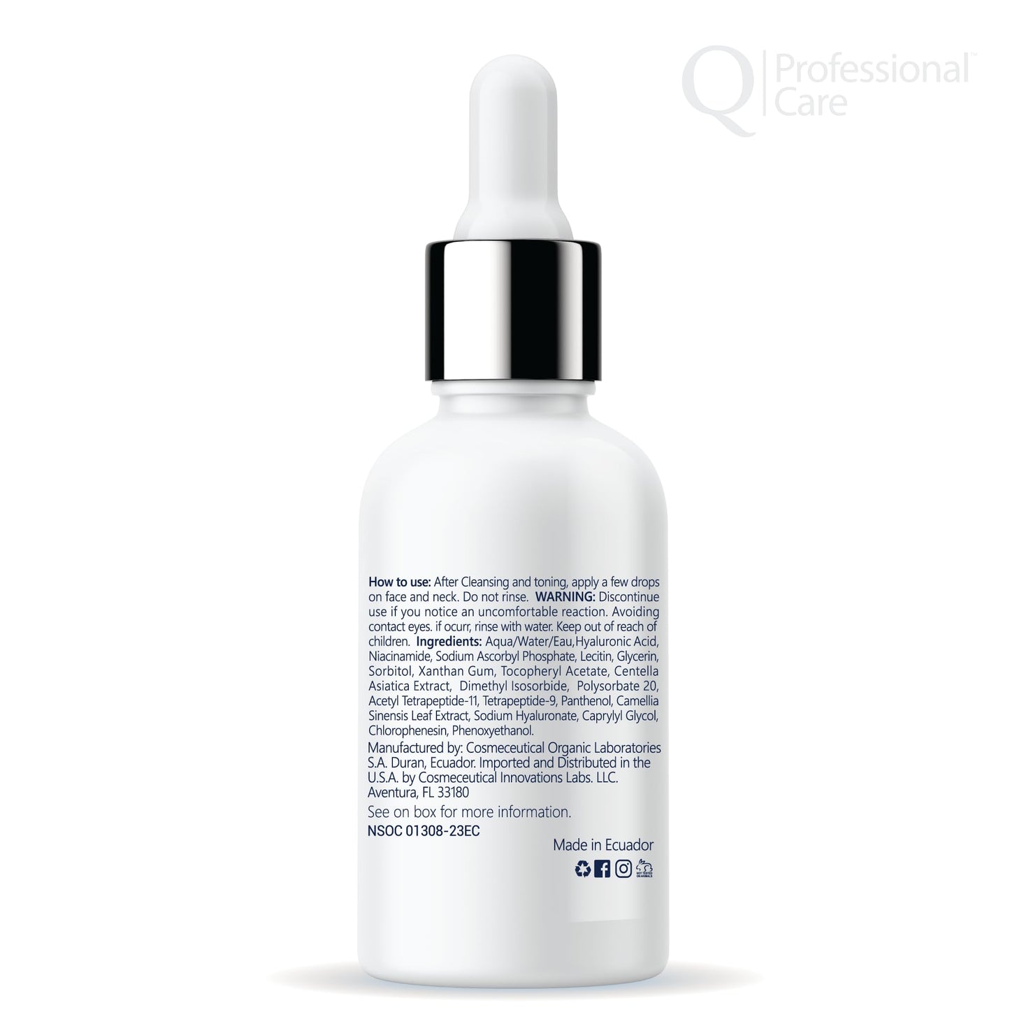 Q|Professional Care Serum for Face | Hyaluronic Acid | Vitamin C | Microneedling | HCA | Multi-Peptides, Vitamins B5, B3, Niacinamide & Centella Asiatica | Alcohol free, Fragrance-Free