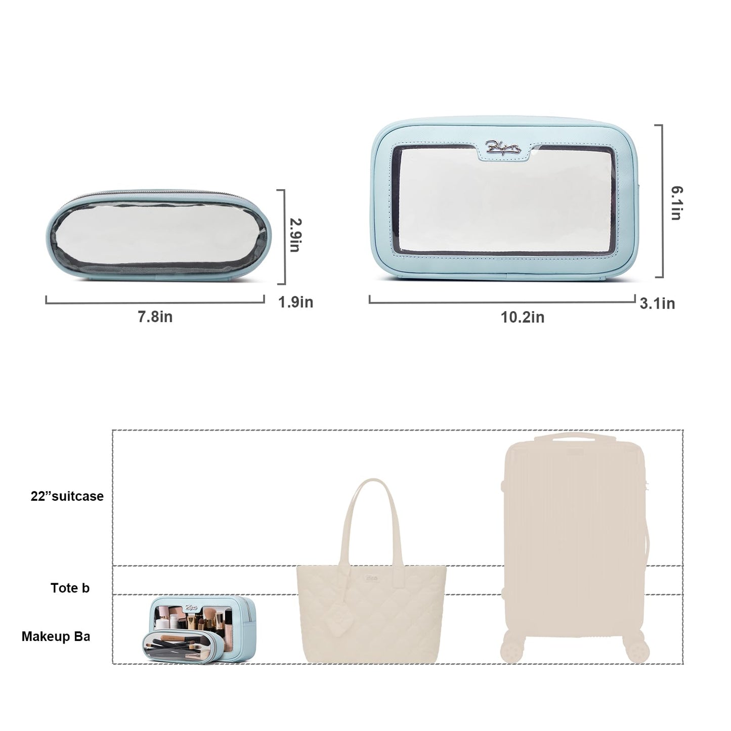 BOYATU Cute Travel Makeup Bag Set: Clear Cosmetic Bag Waterproof Toiletry Bags for Women - Large Skincare Pouch With Small Make up Brush Case for Girl (04-Blue)