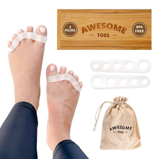 Awesome Toes Spacers & Separators, Fast Pain Relief from Hammertoe & Bunions, Two Pairs in Stylish Wooden Box, Latex-Free Rubber Toe Stretchers for Men & Women