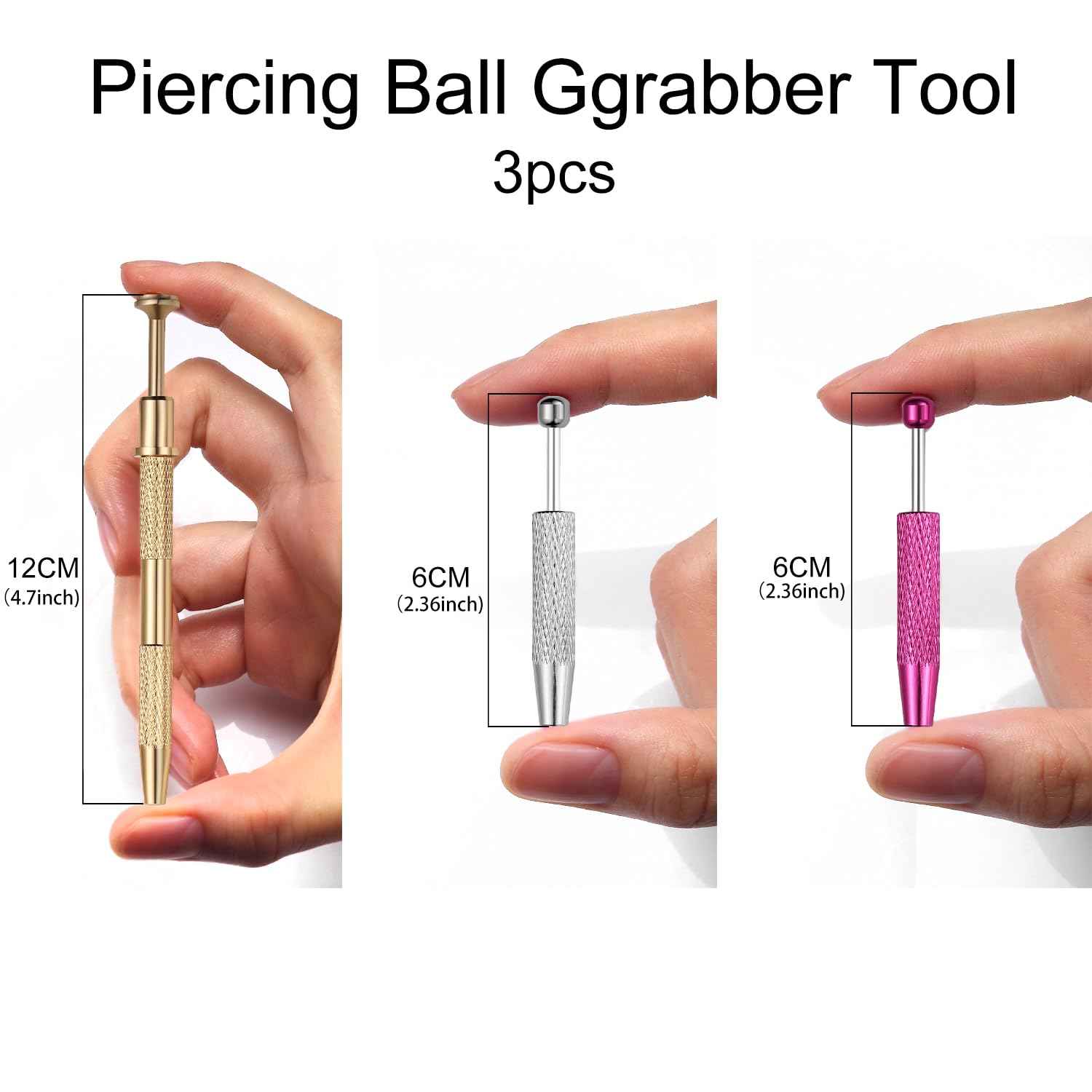 VOJO Piercing Ball Grabber Tool Kit 16G,18G Stainless Steel Flat Back Earrings Applicator with Threaded & Threadless Insertion Pins for Ear Nose Lip Body Jewelry Changes (Silver+Pink+Rose Gold Ball Grabber Tool)