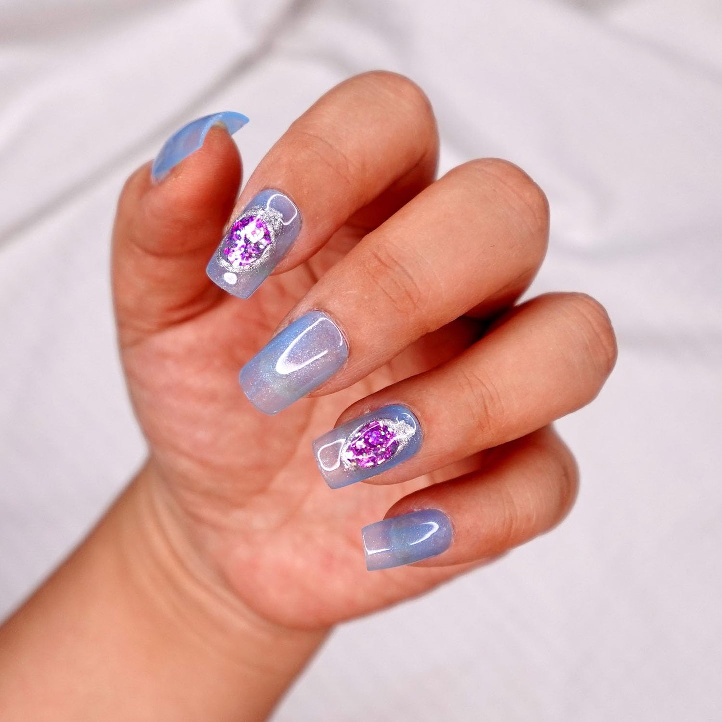 10 Pcs Handmade Press on Nails (X-Small, Quad Lake - Jelly Baby Blue Frost and Purple Gem Design/Short Square) A121XS