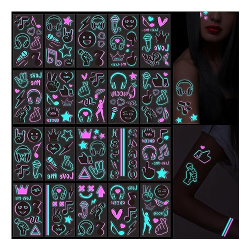 Glow in the Dark Temporary Tattoos - 20 Sheets, 160+ Designs