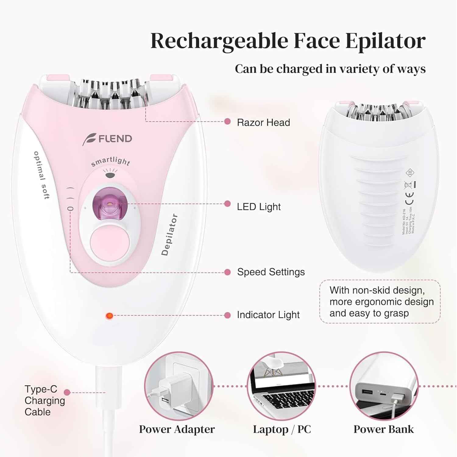 Smooth Glide Epilator for Women, 2 Speeds Facial Hair Removal Device with LED Light, 36 Tweezers & Massage Pad. Rechargeable Facial Hair Removal Epilator for Bikini, Arms, Legs, and Face