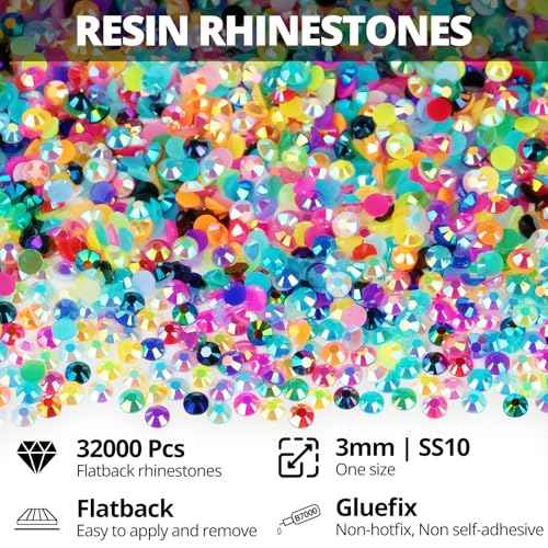 32000Pcs 3mm Rainbow Colorful Jelly Rhinestones Gems Bedazzling Bedazzed Kit, Multi Colored Gemstones Flatback Bedazzler Crafts Clothes Crafting Clothing, Stones Jewels SS10 Resin Rinestone b7000 Glue