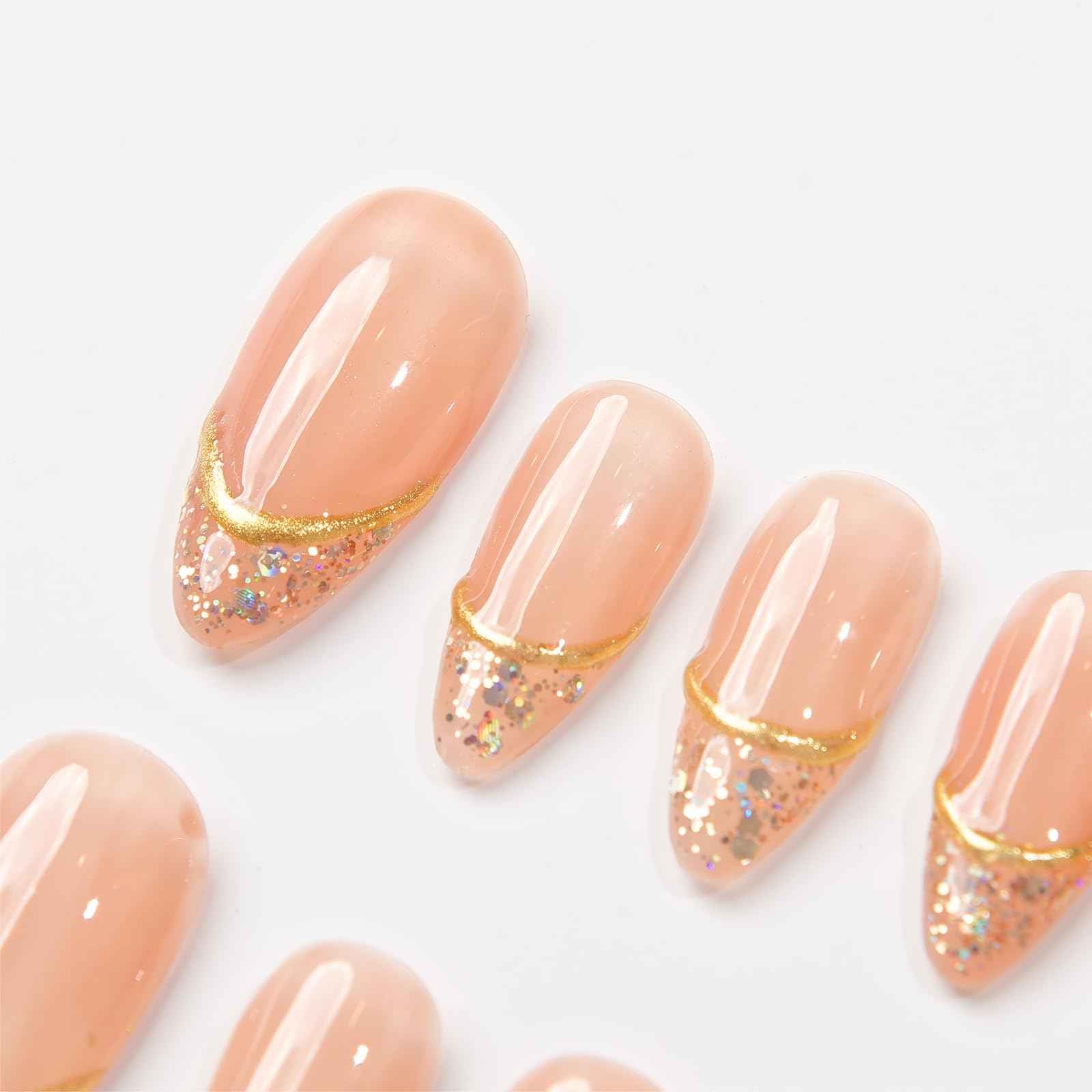 Basic Design with Chrome, French, Light Star Almond Press On Nails, Classic Design Fake Nails for Chrismast Event, Wedding Event, Prom, Party (S005, XS)