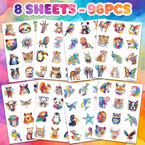 96 PCS Watercolor Animal Temporary Tattoos for Kids