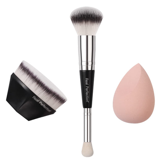 Real Perfection Makeup Brushes Set - Kabuki, Blush, Concealer, Blending Brushes & Sponge for Foundation, Cream & Powder Makeup