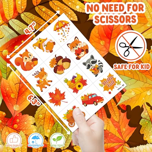 96 PCS Hello Thanksgiving Fall Autumn Pre-Cut Temporary Tattoos for Kids | Cute Themed Birthday Party Favors, Supplies, Decorations, Fake Tattoo Stickers, School Rewards Gifts for Boys Girls