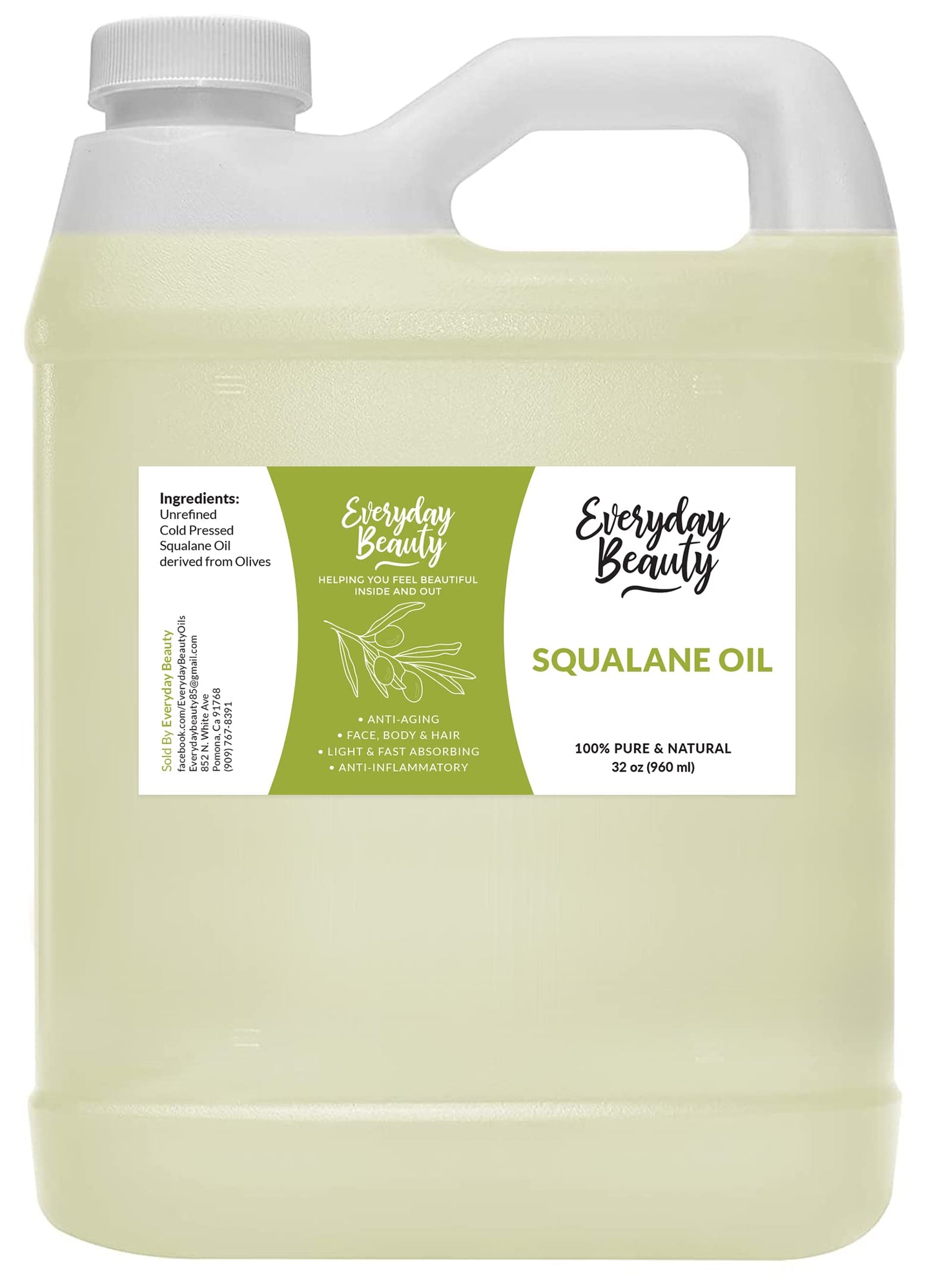 Squalane Oil Bulk- 32 oz 100% Pure & Natural Plant Derived Facial Oil - Cold Pressed and Unrefined Premium Grade Multipurpose Moisturizing Oil For Skin and Hair