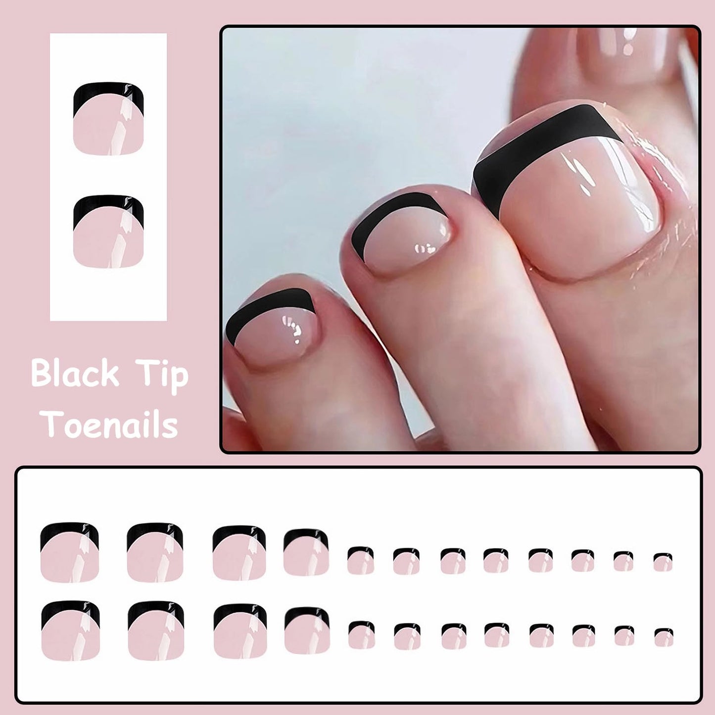 MISUD Black Press on Toenails Glossy Fake Toe Nails Glue on Toenails French Tip Acrylic Toe Fake Nails Summer False Toenails with Design Full Cover Press-on ToeNails for Women 24pcs