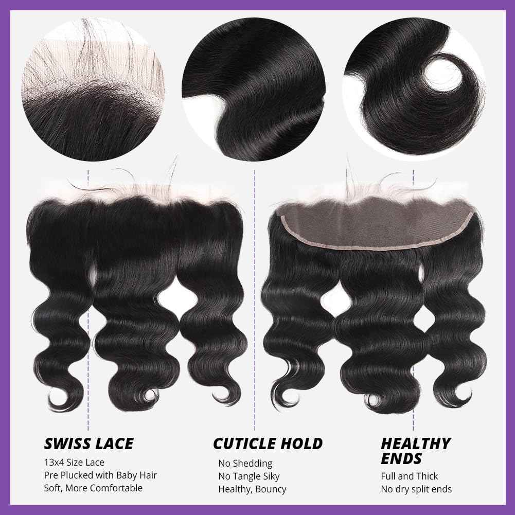 13x4 Lace Frontal Closure Body Wave Ear To Ear HD Lace Frontal Pre Plucked With Baby Hair Free Part 150% Density 12a Unprocessed Virgin Human Hair Invisible Lace Frontal Closure Natural Black 14 Inch