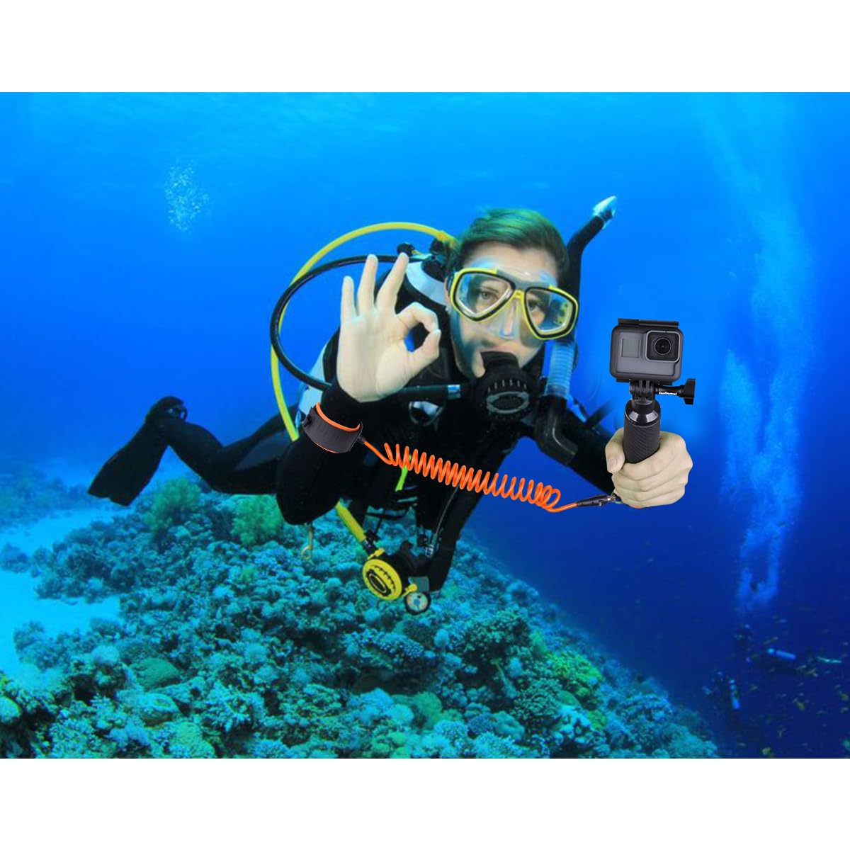 Action Camera Non-Slip Handler Floating Hand Grip Holder Mount + Steel-cored Safety Wrist Strap for GoPro Sony Insta360 Olympus Akaso Underwater Camcorder Diving Surfing Snorkeling Rafting Kayak Scuba