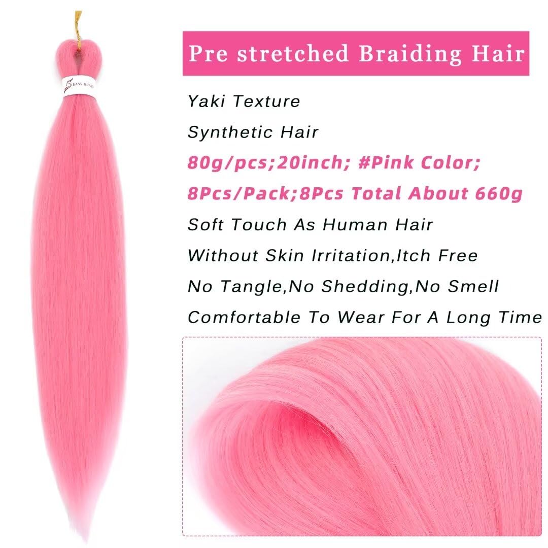 Pink Braiding Hair Pre Stretched 20inch Kids Braiding Hair Pre Stretched Colored Hair Extensions For Braiding Light Pink 8Packs Soft Yaki Braiding Hair Hot Water Setting(#pink,8Packs,20inch)