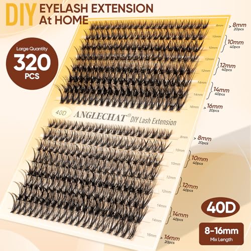 Lash Clusters WispyCluster Eyelash Extensions 320pcs Individual Natural Lashes 8-10-12-14-16mm Lash Extension D Curl DIY Thick False Eyelashes Fox Eye Soft Comfortable with Thin Band (black-40D)