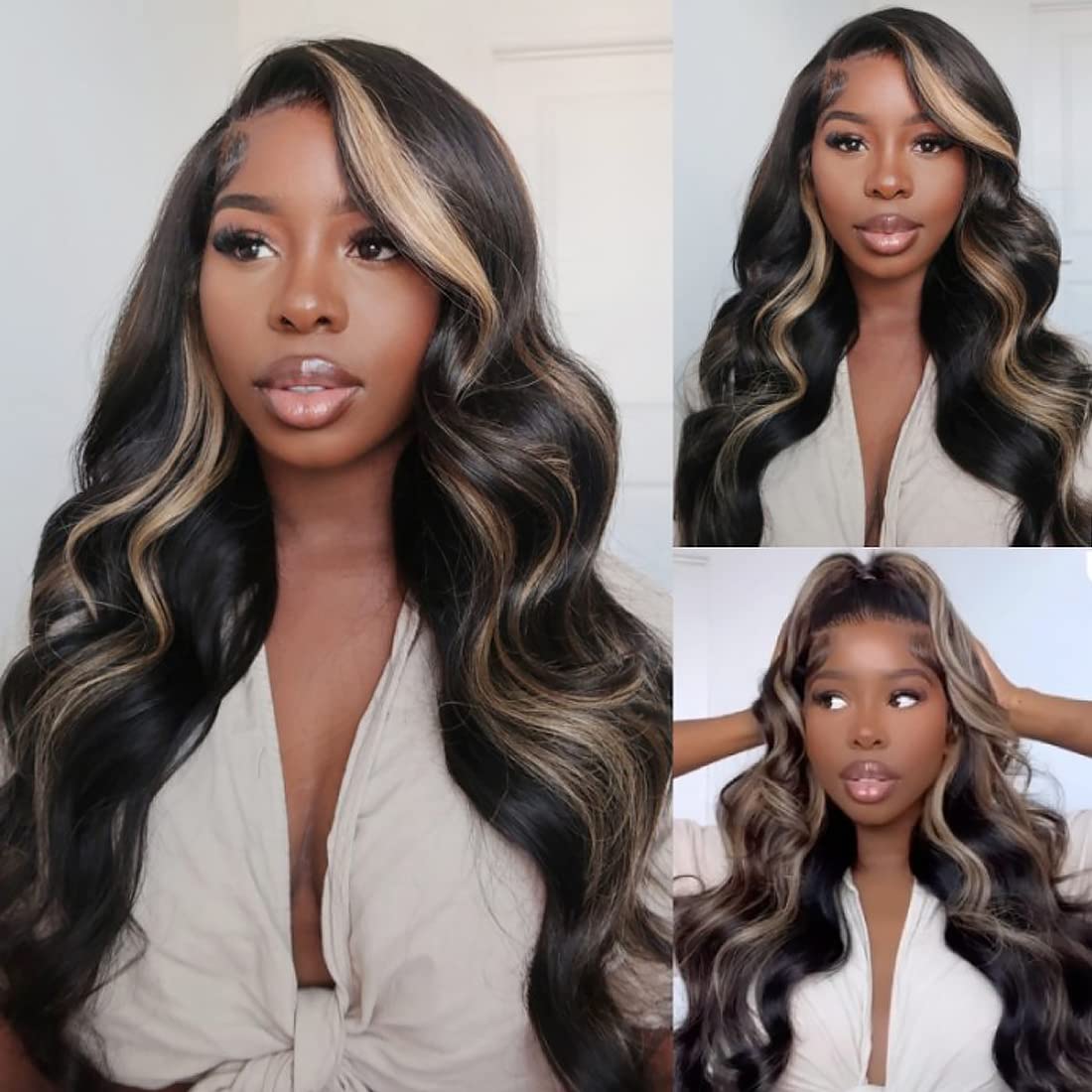 UNICE Bye Bye Knots Glueless Wig Body Wave 7x5 Pre Cut Lace Front Wigs Human Hair Bleached Knots Balayage Black Blonde Highlights Put on and Go Human Hair Wig Pre Plucked 150% Density 20 inch