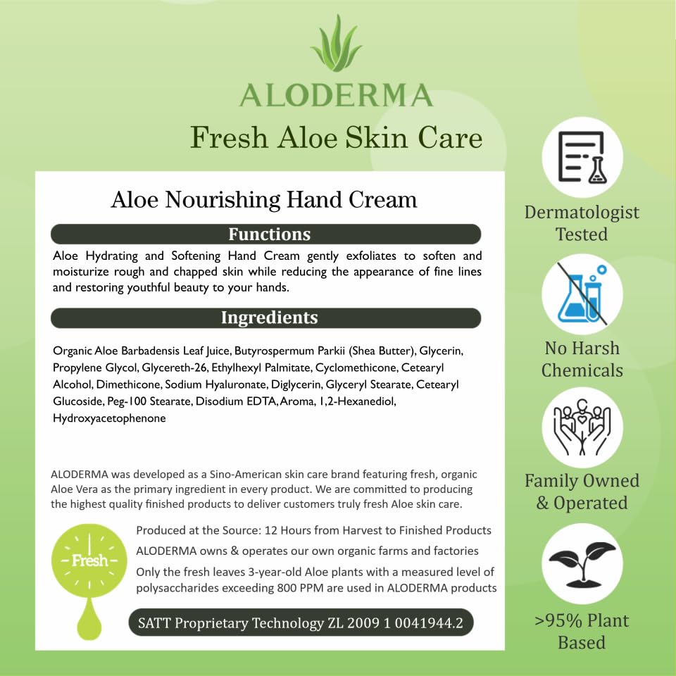 Aloderma Aloe Hand Cream with 66% Organic Aloe Vera for Men & Women, Non-Greasy Gentle Hand Cream for Dry, Cracked Hands, Moisturizing Aloe Working Hands Lotion with Shea Butter for Soft Hands, 2.1oz