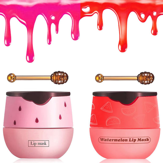 2 PCS Bee Lip Balm Honey Pot, Watermelon & Strawberry Sleeping Lip Mask Overnight, Hydrating Prevention Dry and Cracked Lip Scrub, Reduces Lip Lines, Brightening Lip Color