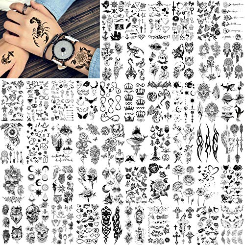 FANRUI 52 Sheets Creative Black Tiny Crown Infinity Triangle Fake Tattoos For Men Women Realistic Stars Letters Tattoos For Kids Temporary Waterproof Arm Hand Face Finger Neck Tatoo Stickers