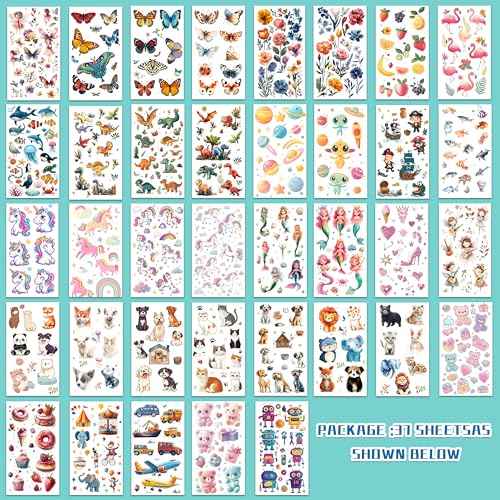 Tattoos for Kids, 350+ Mixed Styles (37 Sheets) Temporary Tattoos Stickers Set Gift for Girls and Boys, Space Dinosaur Animals Butterfly Tattoos for Kids Birthday Party Supplies