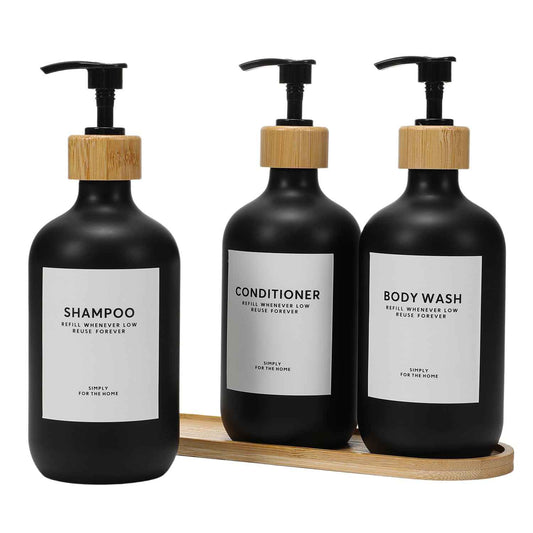 Shampoo and Conditioner Dispenser,16.9 fl oz Set of 3 Black Plastic Refillable Shower Shampoo Dispenser with Bamboo Tray, Reusable Pump Bottles with Labels for Bathroom Décor (Black+Bamboo Tray)