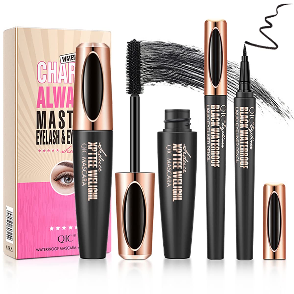 4D Silk Fiber Lash Mascara & Eyeliner Pen, Extension Voluminous Fiber Mascara Waterproof & Smudge-Proof Eyeliner, Long-Lasting No Flaking Natural No Clumping, All Day Exquisitely Full