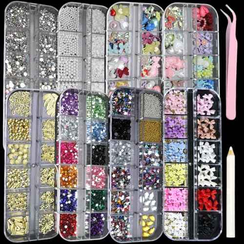 Nail Art Charms and Gems, 8 Boxes of 3D Nail Rhinestones Kit, Multi-Size of Nail Jewels Accessories Flatback Nail Pearls Multi Shape Nails Crystals Resin Nails Decor Supplies with Tools
