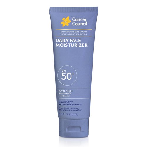 Cancer Council Daily Moisturizer Sunscreen for Face, SPF50+, Sun Care with Green Tea Extract Broad Spectrum UVA/UVB Sun Protection, Sensitive Skin, Paraben & Fragrance Free, Water Resistant, 2.5fl. Oz