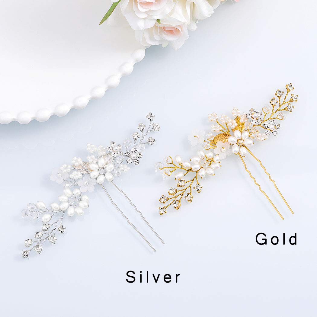 Fstrend Bridal Wedding Hair Pins Silver Sparkly Rhinestones Pearls Hair Pin Crystals Bride Hairpieces Leaves Hair Accessories for Women and Girls(Pack of 2) (Silver)