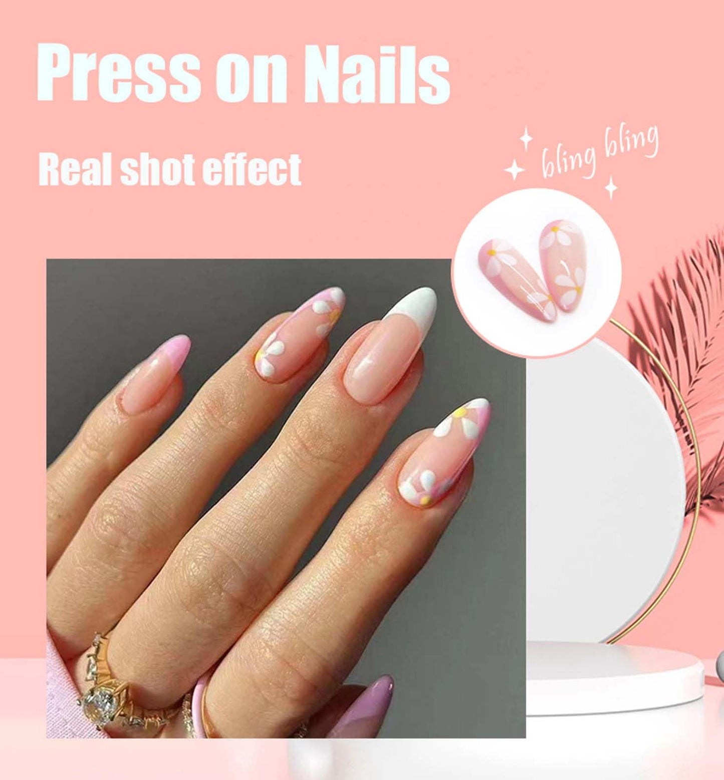 Almond Shaped Press on Nails Medium Almond Fake Nails with Little fresh Flower Design Acrylic Glue on Nails for Women Girls Full Cover Artificial False Stick on Nail for Daily Wear Wedding 24Pcs