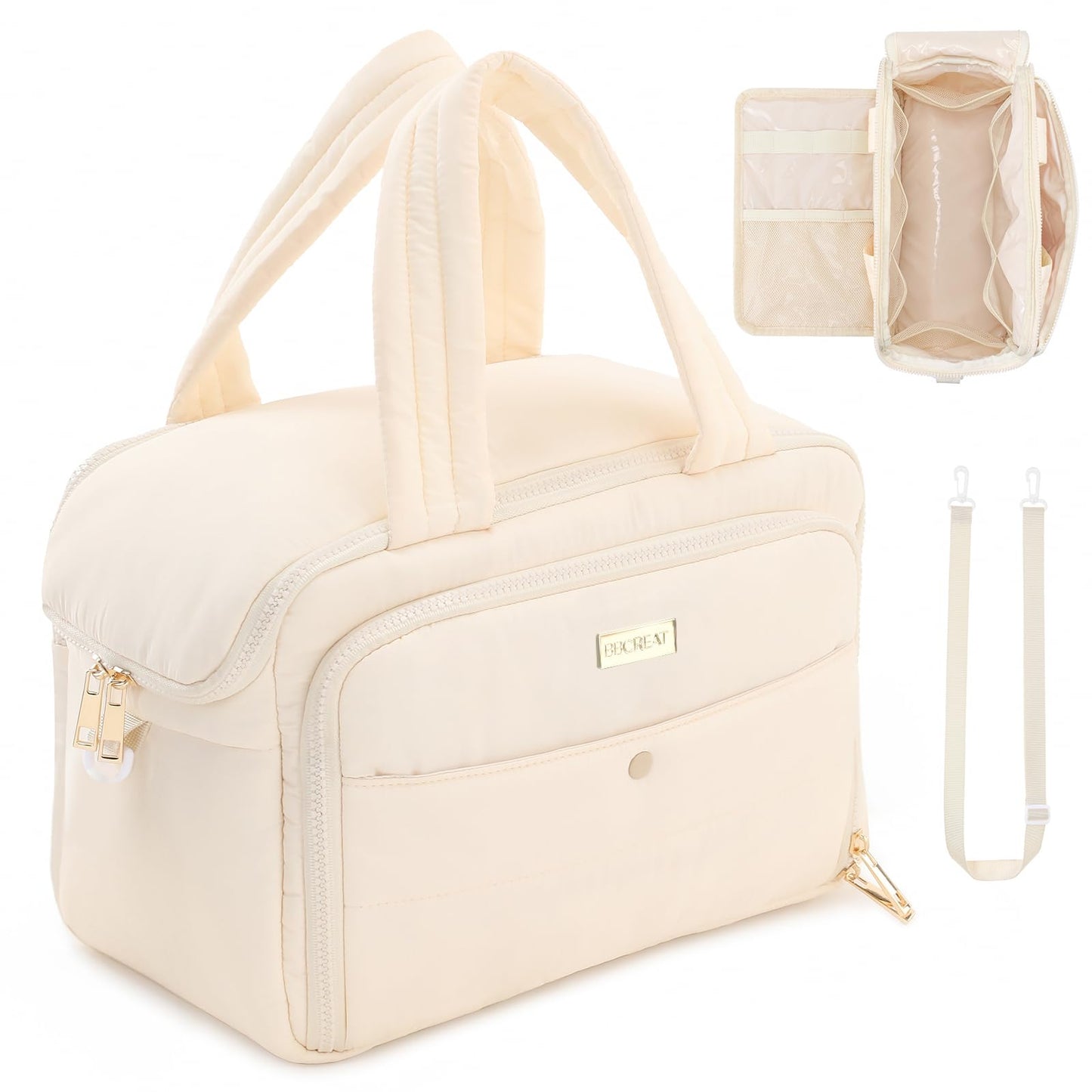 BBCREAT Large Travel Toiletry Bag for Women, Waterproof Puffy Organizer with Wide Handle & Shoulder Strap, Extra-Large Cosmetic Bag with Dry-Wet Separation for Toiletries & Beauty Essentials (Cream)