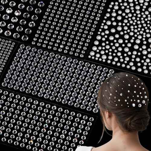 Teenitor 2662 Pcs Hair Gems Hair Pearls Face Gems, 12 Sheets Self Adhesive Face and Hair Jewels Bling Hair Accessories, Hair Face Jewels 3/4/5/6/8mm Hair Pearls Gems Stick on for Hair, Face, Crafts