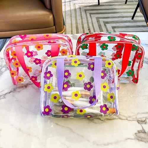 TotePrint Clear Floral Hand Bag and Travel Cosmetics Pouch with Handle,Durable Waterproof PVC Versatile Smooth Zipper Design (Red+Green+Yellow)