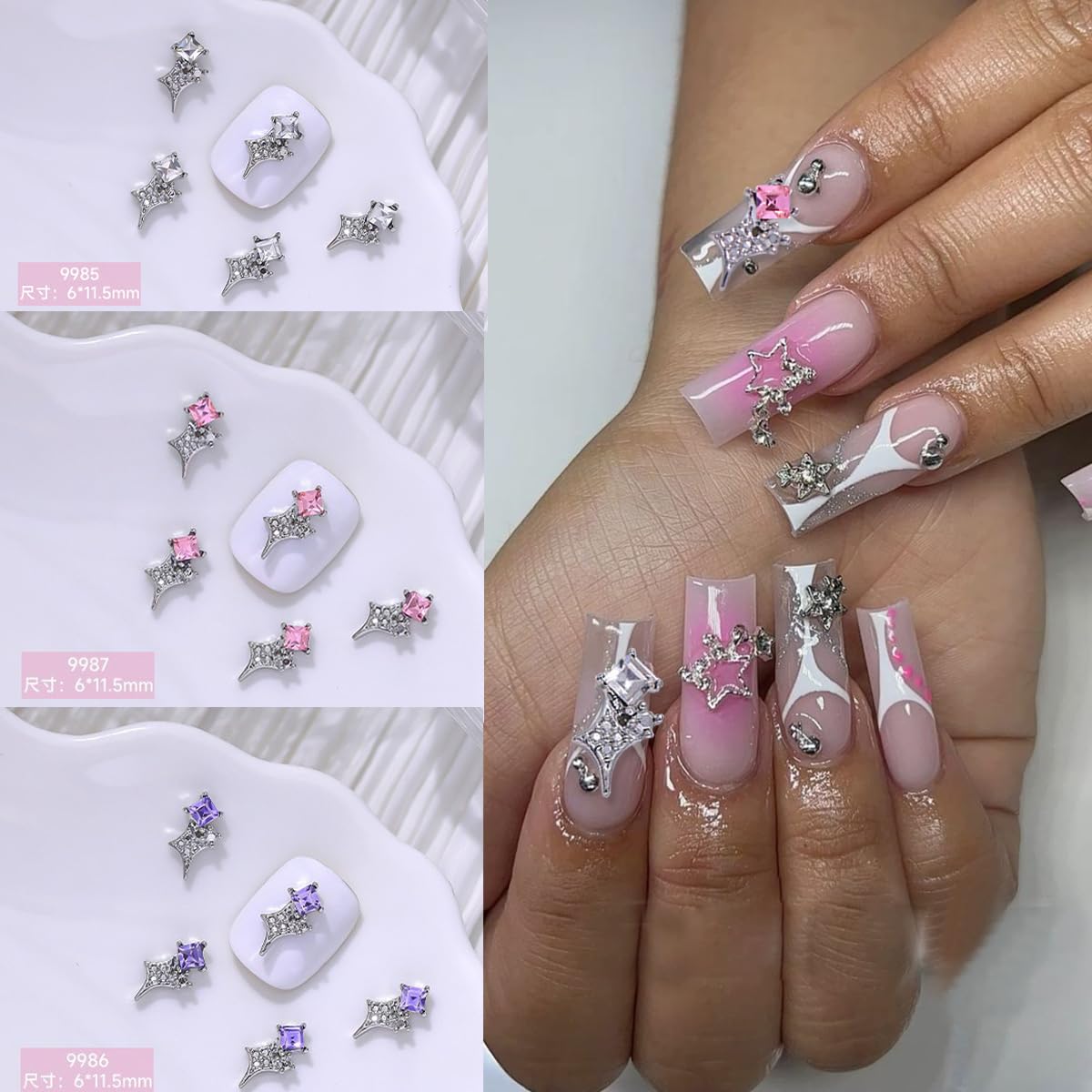 20Pcs Silver Star Nail Charms for Nail Art Crystal Diamond Stars Nail Art Charms Pink Purple Alloy 3D Alloy Star Nail Rhinestone with Gems and Charms Y2K Nail Supplies for Acrylic Nails Decor Crafts