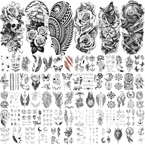 92 Sheet Temporary Tattoo Set - Lion Wolf Dragon Rose Designs