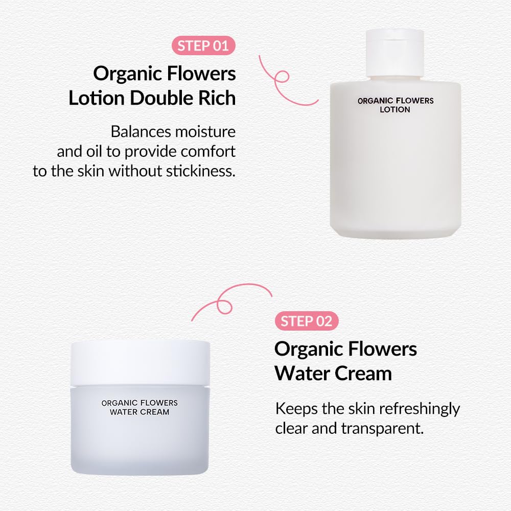 Whamisa Organic Flowers Water Cream - Hydration and Elasticity for Sensitive and Dry skin, Organic 95.2%, Vegan(50ml/1.6 fl. oz.), Korean skincare, Quick absorbing, Lightweight skin quenching cream