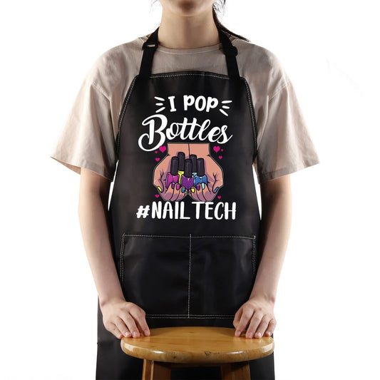 WZMPA Nail Tech Aprons With Pocket Nail Artist Gifts I Pop Bottles Nail Technician Apron For Nail Salons Nails Stylist (Nail Tech Black)