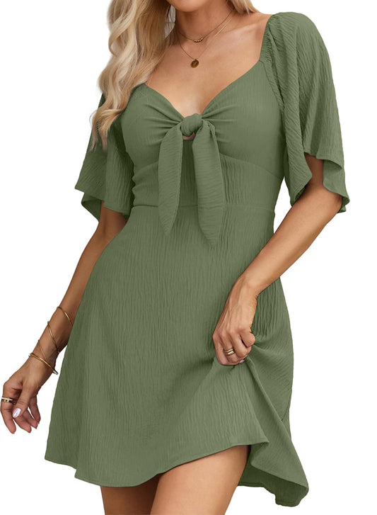 Dokotoo Cute Summer Dresses for Women 2024 Fashion Fall Outfits Wedding Guest Womens Easter Dresses for Women Sexy V-Neck Drawstring Cap Sleeve Elegant Solid Color Mini Dress