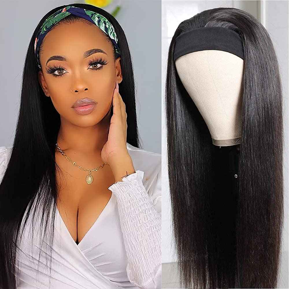 TNICE Headband Wig Human Hair Straight 14 Inch Headband Wigs for Black Women Human Hair Headband Wig Glueless None Lace Front Brazilian Virgin Hair Wigs Natural Color 150% Density