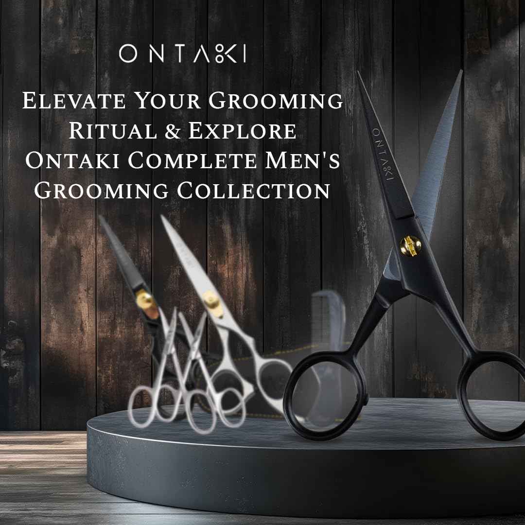 Ontaki Mustache Scissors for Men - 5-Inch, Black - German High-Carbon Steel Bevel-Edge for Precision - Beard Trimming Scissors - Includes Grooming Kit with Mustache & Beard Combs & Carrying Pouch