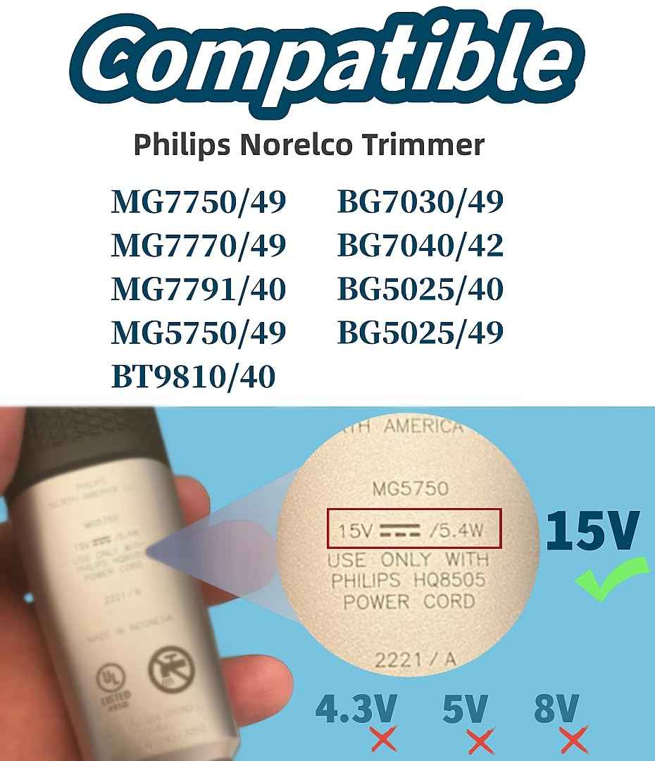 Qjin 15V Charger Power Cord for Philips Norelco Multigroomer & Bodygroom Trimmer MG7750/49, MG5750/49, BG7030/49, BG7040/42, BG5025