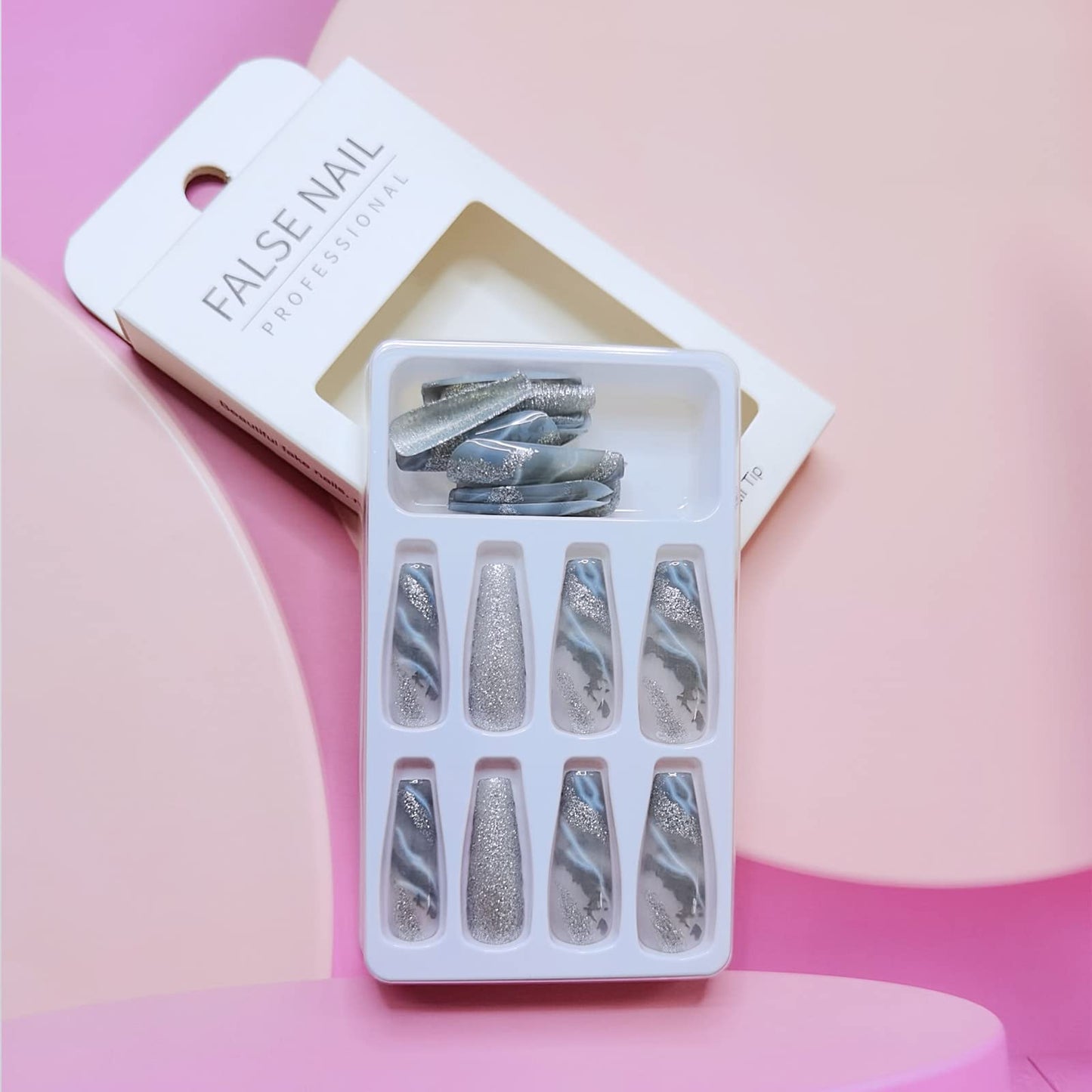 Press on Nails Long Square Shape Silver Marble Fake Nails, Shinning Full Cover False Nails Design with Glitters, Luxurious Coffin Marble Stick on Nails Art Decoration for Women and Girls