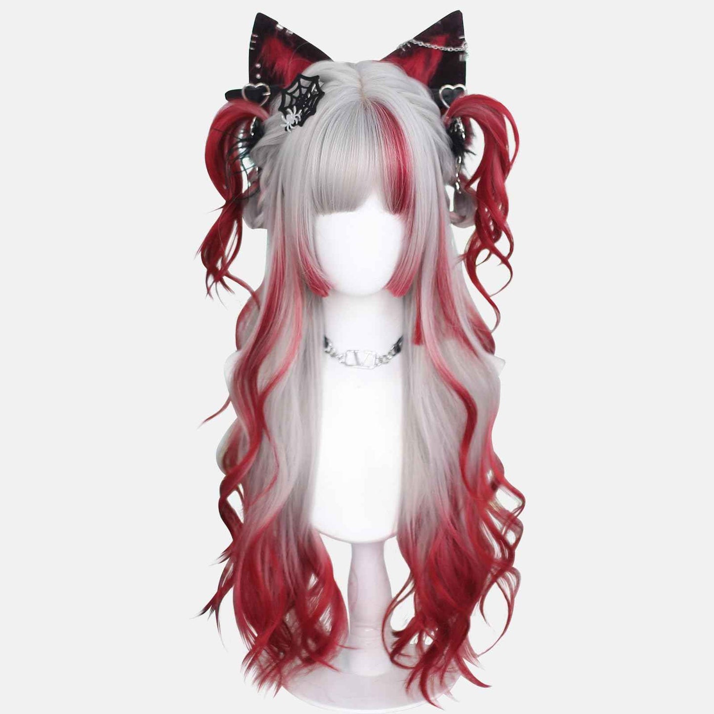 KORURACLUB gradient Wigs cosplay Wig pink Wigs lolita wigs anime Wig halloween Wigs for women (No accessories included) (Crimson Silver Glow)