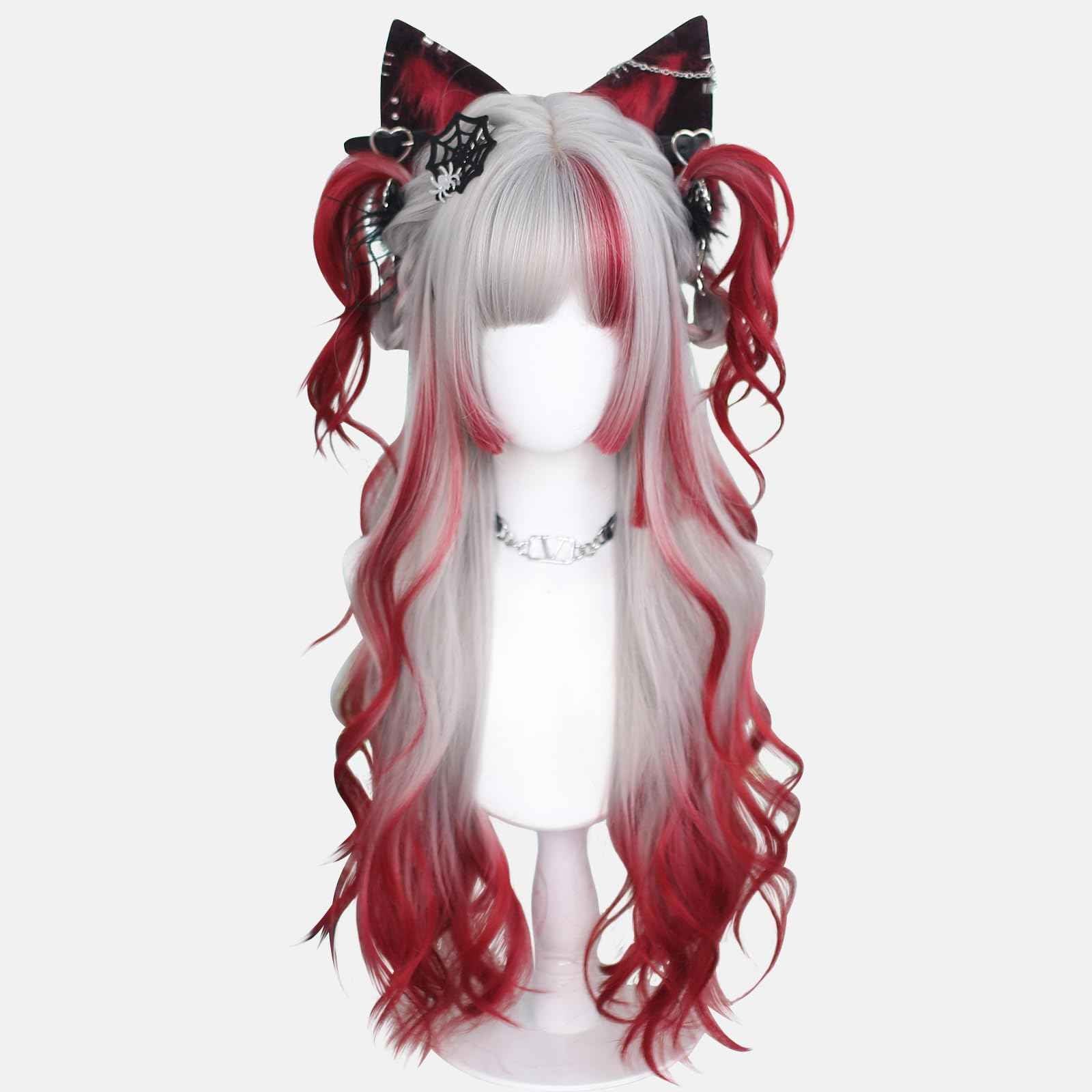 KORURACLUB gradient Wigs cosplay Wig pink Wigs lolita wigs anime Wig halloween Wigs for women (No accessories included) (Crimson Silver Glow)