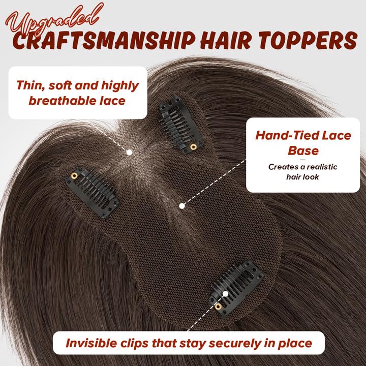 TESS Clip-In Human Hair Topper with Side Bangs - 12" Dark Brown