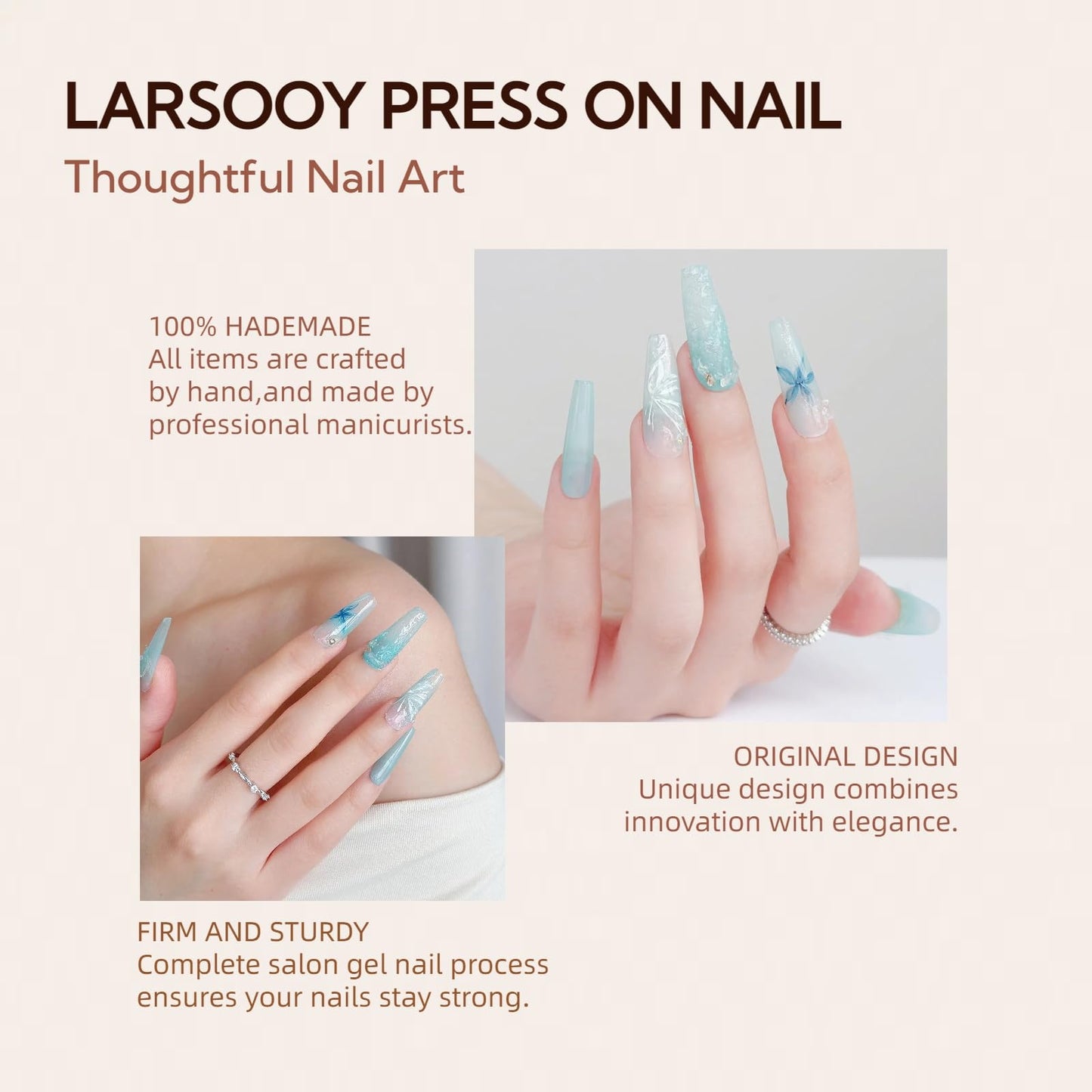 LARSOOY Nails Handmade Press on Nails Long Coffin | Handmade Nails with Mint Mambo Crystal Butterfly | Reusable Fake Nails for Cool Summer | False Nails 10 Pcs (Blue Dreamscape, M)