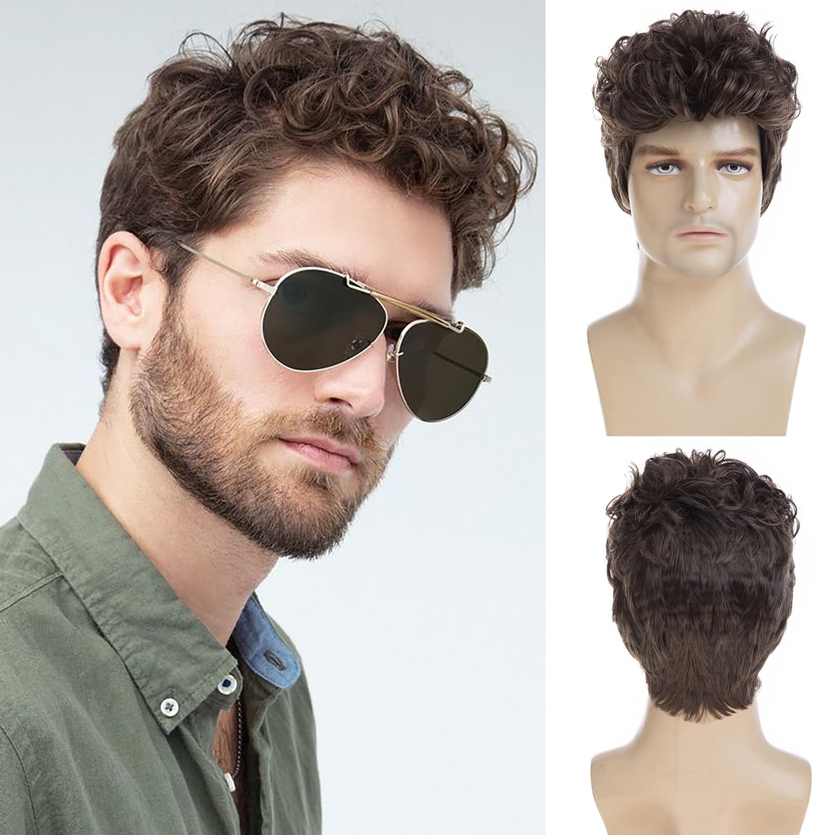 Baruisi Mens Curly Wig Brown Short Wig Synthetic Halloween Party Cosplay Wig