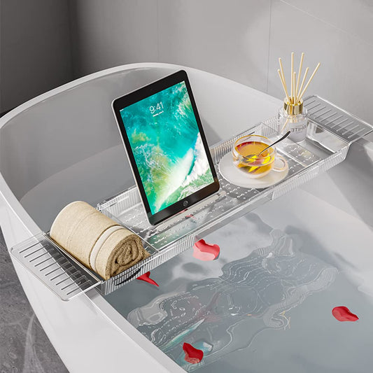 Ollimy Bathtub Caddy Tray, Adjustable Bath Tray for Tub, Bath Accessories, Tub Caddy for Bathroom Luxury Spa, Expandable Size Bath Tub Organizer with Anti-Slip mat, Fits Most Tubs