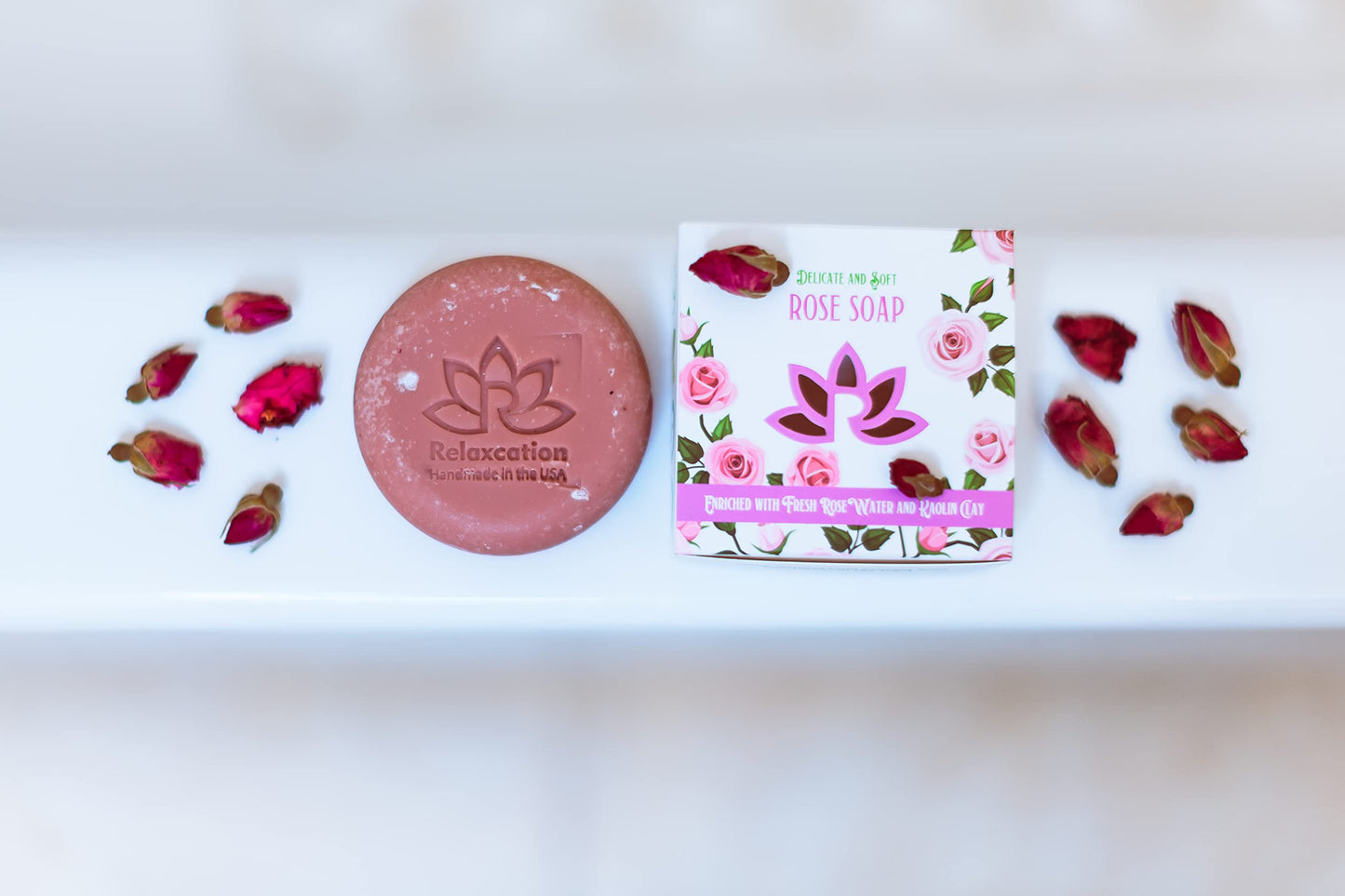 ROSE Natural Cold Process Soap with Fresh Rose Water, Kaolin Clay, Rose Petals, Moisturizing Coconut Oil - Gentle pink soap for sensitive skin - Perfect for face and body (Round Rose Soap)